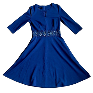 🇺🇸Owin Floral waist fit and flare 3-4 sleeve dress navy blue